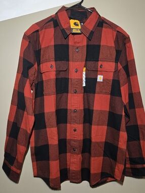 Carhartt Men's Flannel Shirt Loose Fit Heavyweight Red Black Plaid Size Medium